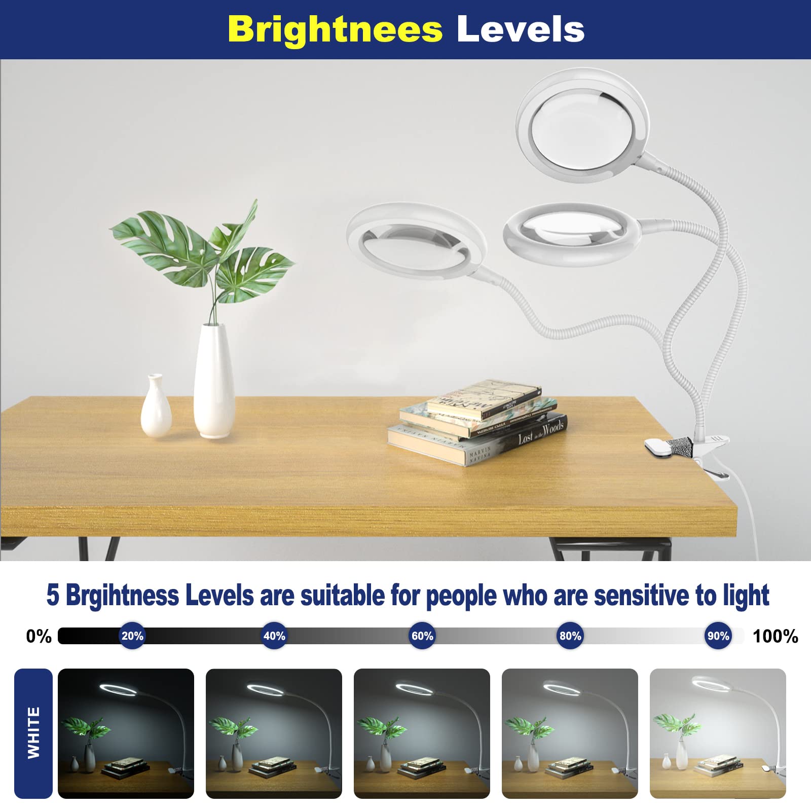 Lampe loupe 3X avec Pince USB, Lampe loupe à Pince à lumière du Jour avec 6 réglages d'éclairage réglables, loupe avec lumière LED pour Lire Les travaux manuels, Les Loisirs de Couture