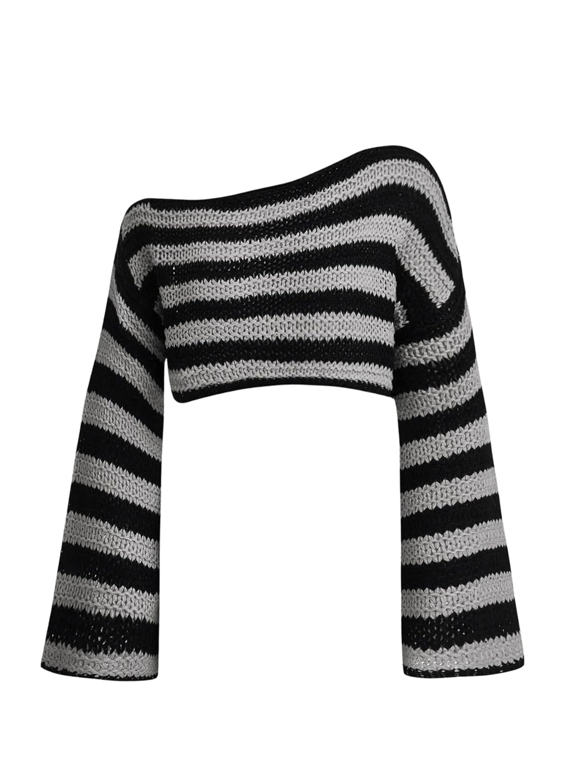 WDIRARA Womens Striped Off The Shoulder Sweaters Color Block Long Bell Sleeve Pullovers Knit Crop Tops