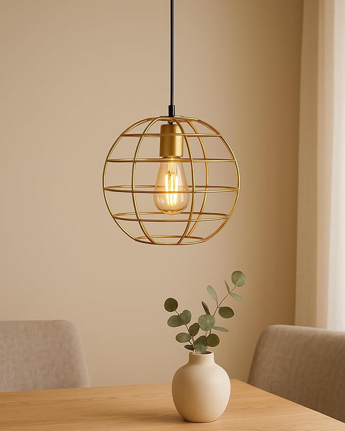 Homesake Vintage Industrial Pendant Light, Golden Finish Metal Cage Design, Modern Retro Ceiling Lamp for Living Room, Dining Room, Bedroom, Office, Cafe, Restaurant