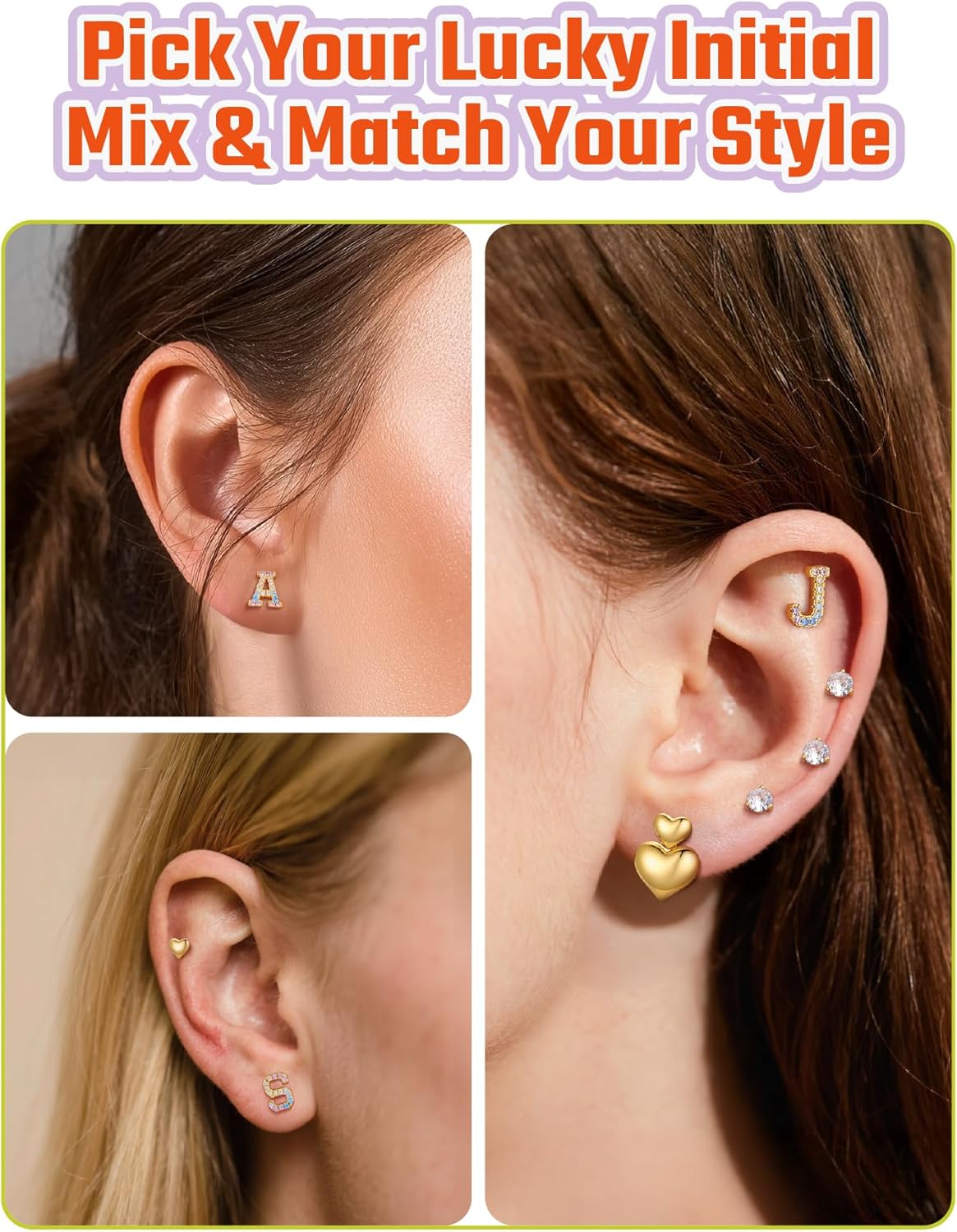 14K Gold Plated Initial Earrings Studs with 5A Cubic Zirconia, Sterling Silver Post Push Backs CZ Simulated Diamond Hypoallergenic Alphabet Letter Studs for Women Jewelry Gifts Initial A-Z - Image 3