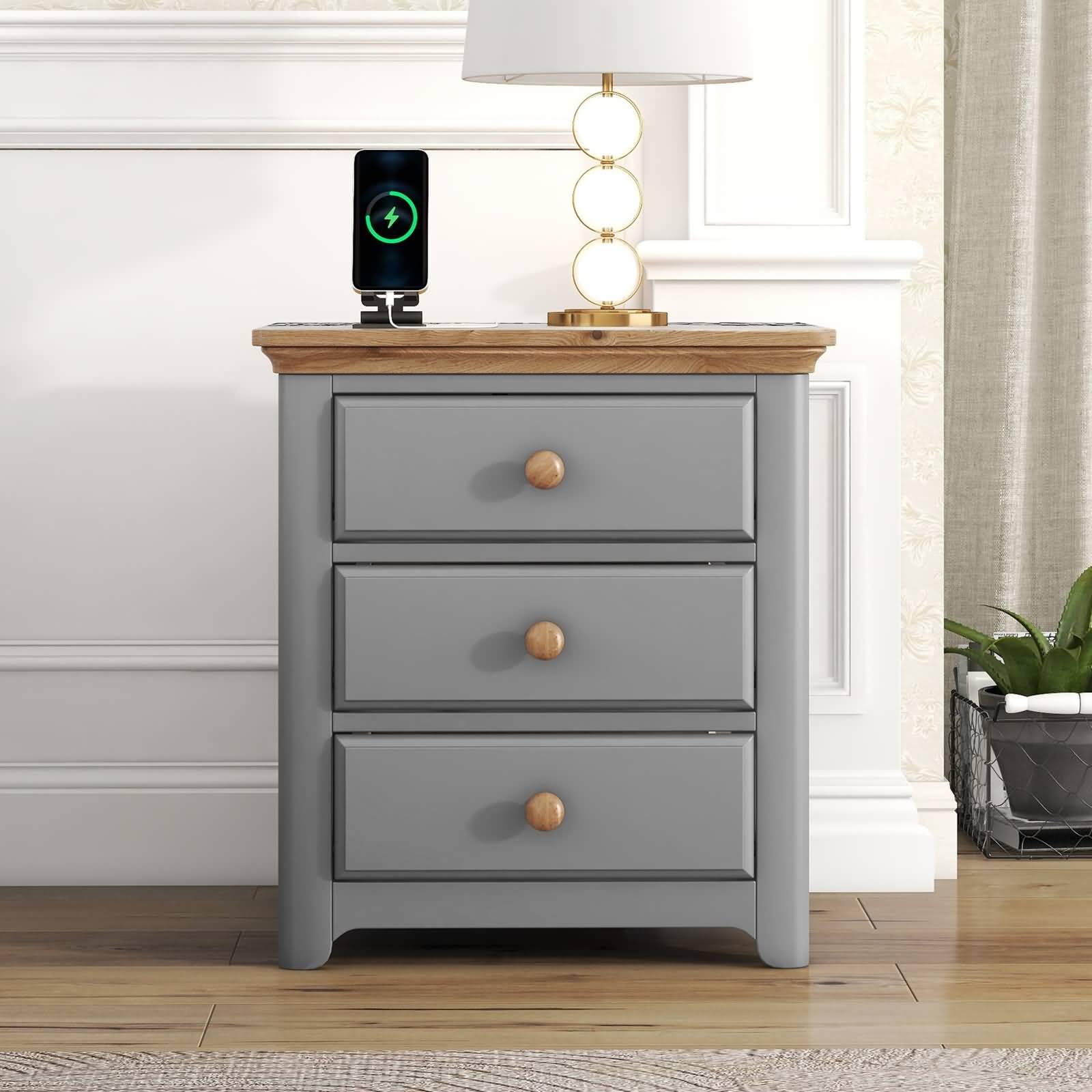 Mesnt Nightstand for Bedroom with Drawers, Wooden Nightstand with USB Charging Ports and Three Drawers, End Table for Bedroom, Gray+Natrual