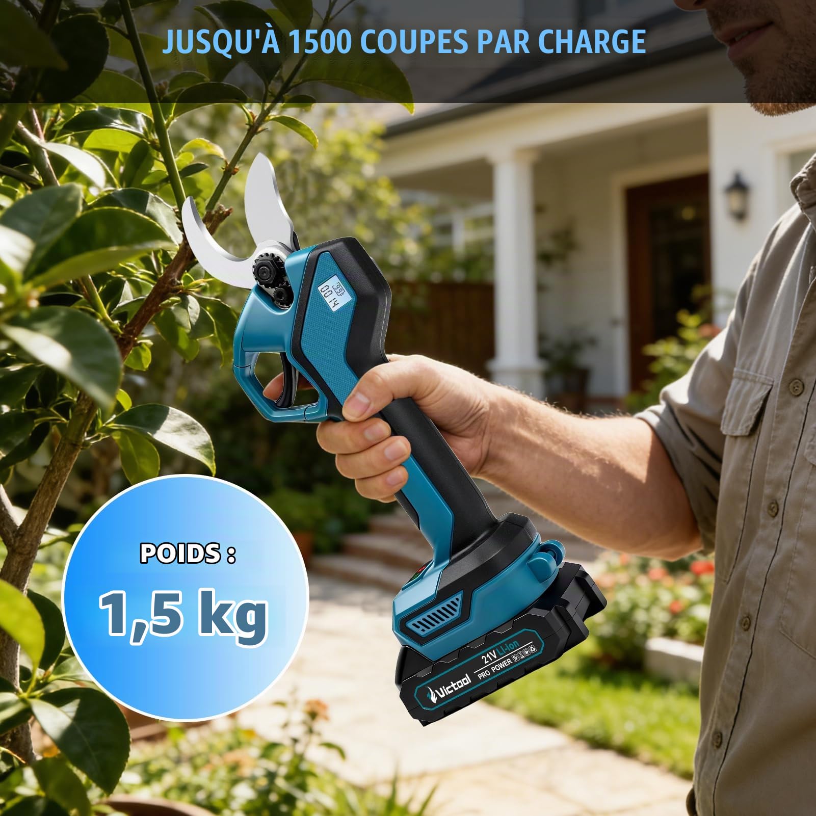 Sécateur électrique sans fil 40 mm avec 2 batteries 21 V 2000 mAh, lames SK5, écran LED, sécateur professionnel sans balais pour jardin, branches, arbustes