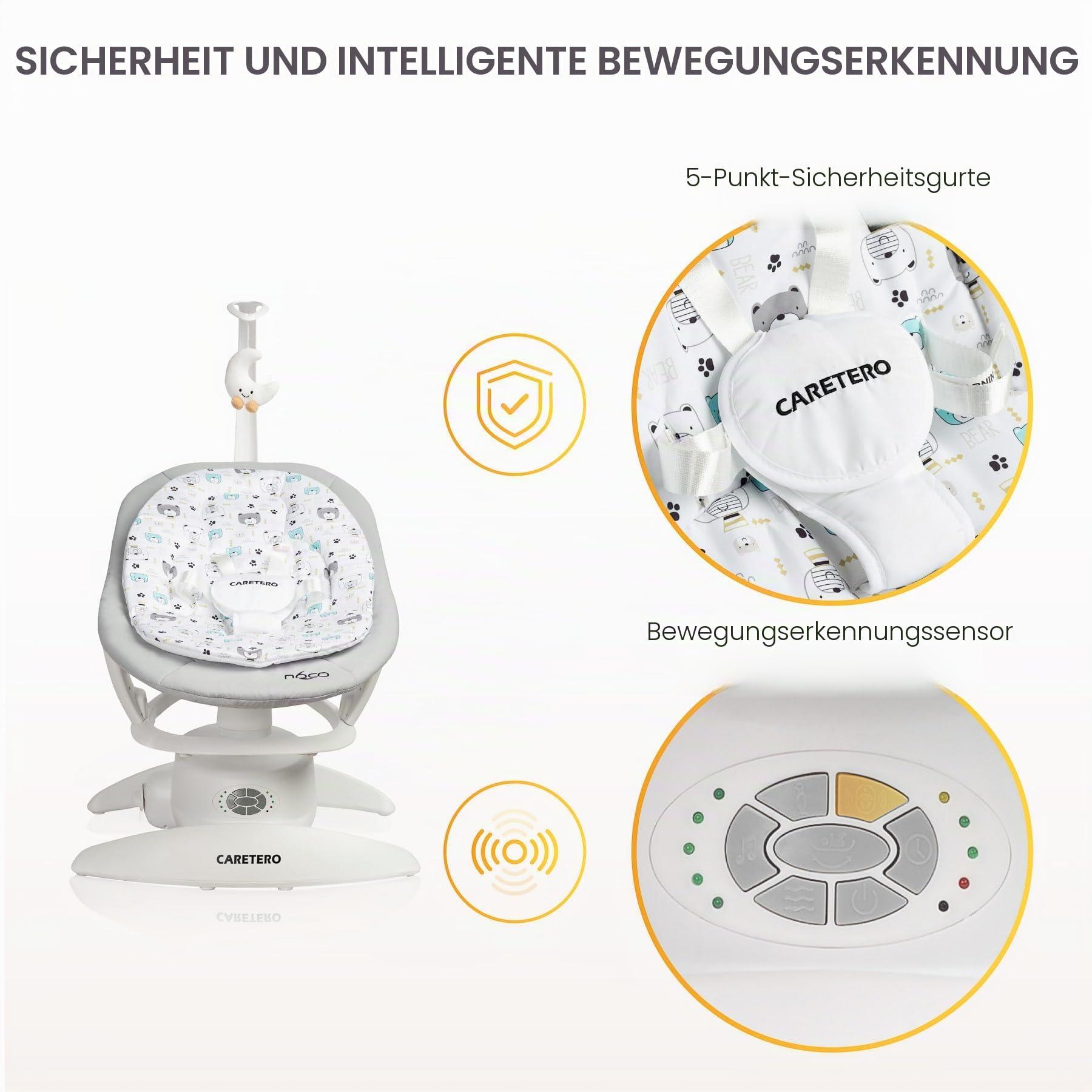 CARETERO - NOCO Baby Rocker - für Babys 0-12 Monate - mit Musik, 360° Drehsitz, Verstellbarer Rückenlehne - Verschiedene Schaukelmodi & Geschwindigkeiten - Graphit
