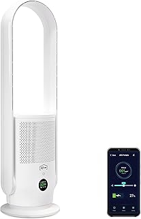 djive ARC Portable Ventilador y Purificador de Aire Silencioso de 29dB con Batería, Ventilador de Columna Oscilante Ideal para Casa y Camper, Compatible con Alexa y App, Blanco