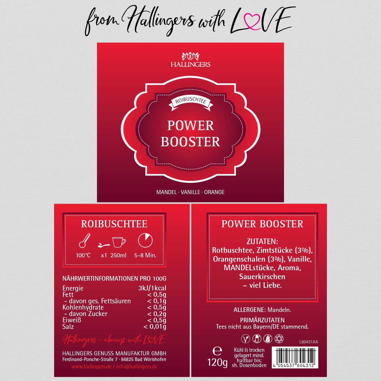 Hallingers Genuss Manufaktur Roibusch Tee Geschenk - loser Rooibos-Tee, Rotbusch wertige Geschenk-Dose "Power Booster" mit Orange, Zimt & Vanille, Geschenkidee für Frauen Männer