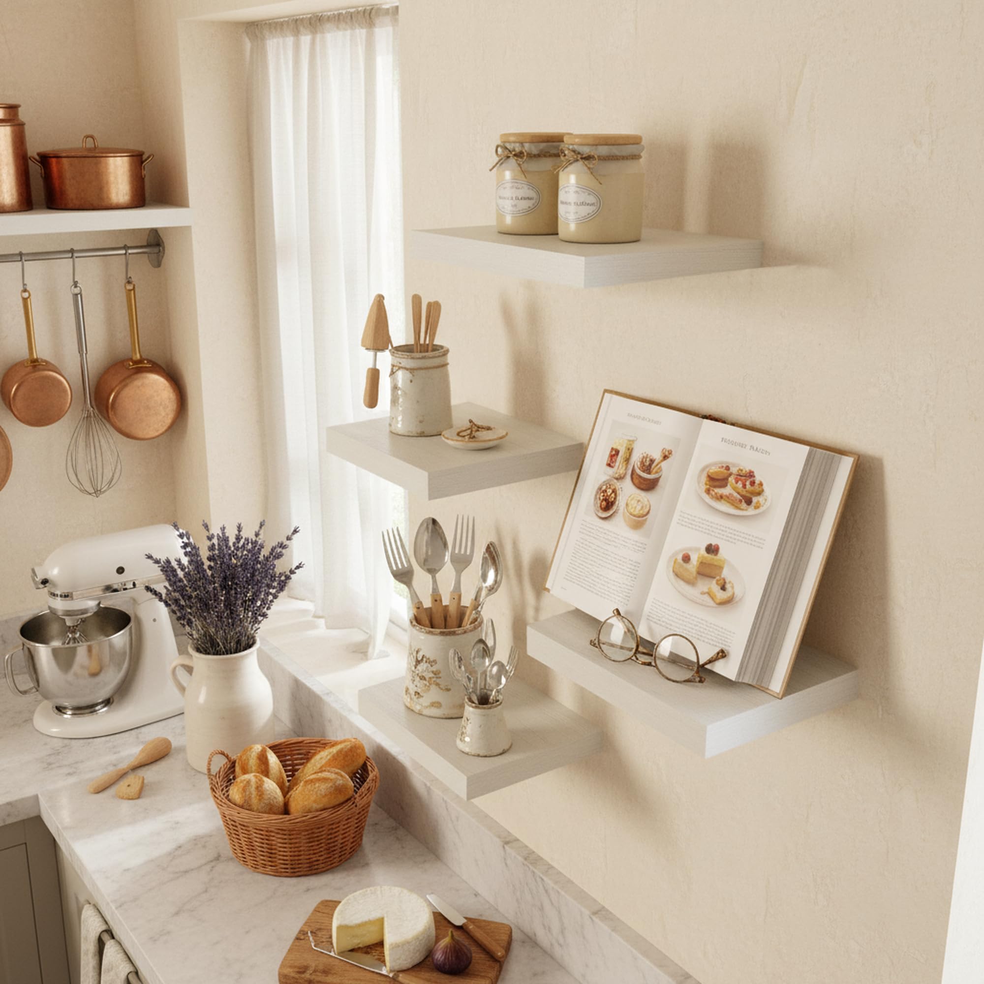 Lot de 3 Etagere Murale Blanche Bois Fixation Invisible, Étagère Murale Blanche Suspendue Bibliothèque Flottante Tablette pour Deco Salon/Cuisine/Chambre/Salle de Bain/Blanc(Icône Chêne)25x22CM