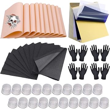 85pcs Synthetic Skin Tattoo Accessory Kit, 10 Synthetic Skin and 10 Stencil Tattoo Transfer Paper 10 Disposable Dental Bibs 50 Ink Capsules 5 Pairs of Gloves