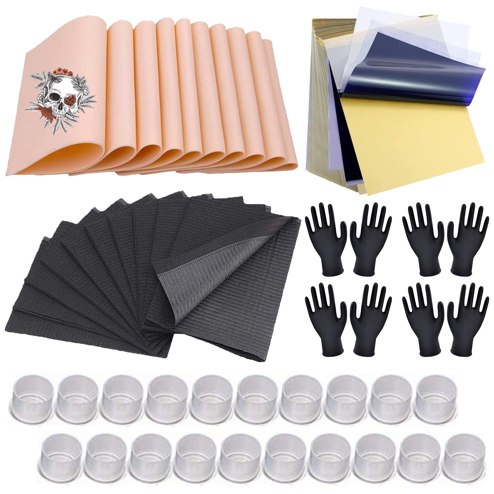 85 Stück Tattoo Übungshaut Set, Unihuby Practice Skin Kit 10 Stück Kunsthaut Tattoo Stencil Papier 10 Stück Tattoos Unterlagen 50 Stück Ink Caps Tatto Farbkappen 5 Paar Tattoo Handschuhe
