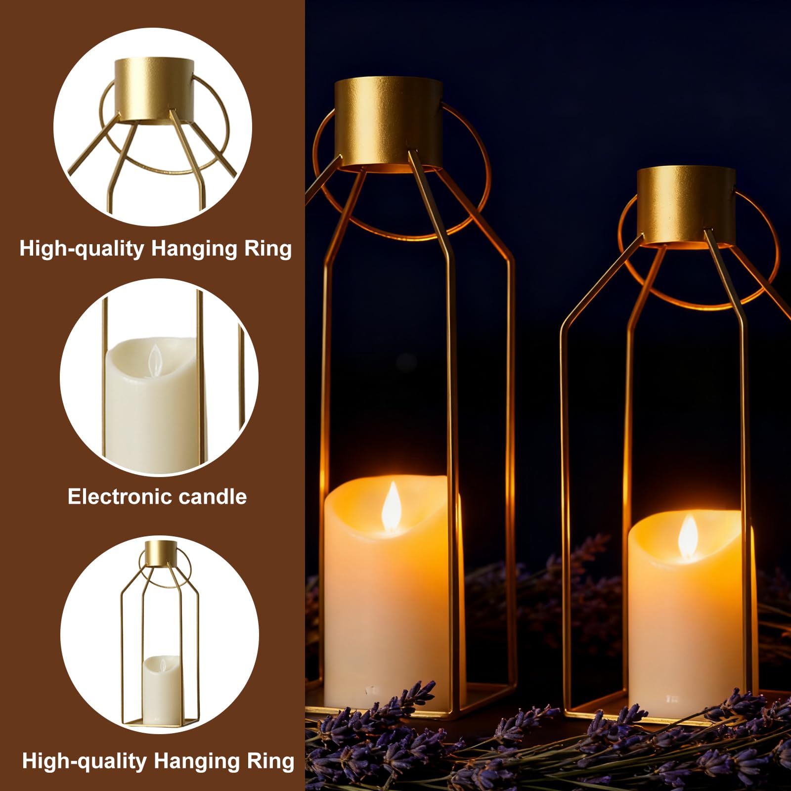 Farolillos para exterior con velas LED, juego de 2 farolillos de jardín de 32 + 40 cm, farolillos decorativos de acero inoxidable, farolillos decorativos para decoración de mesa, boda, Navidad (dorado