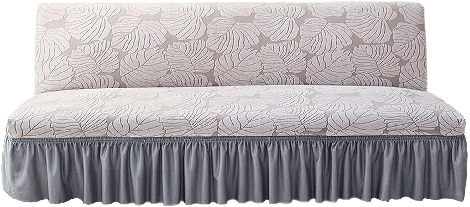 Folding Futon Cover, Stretch Armless Sofa Cover with Skirt Nonslip Removable Washable Futon Slipcover-Light Grey-Small