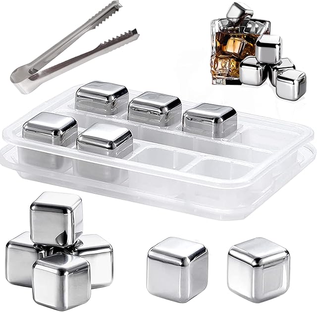 Stainless Steel Ice Cubes, 8PCS Reusable Ice Cubes, Whiskey Stones, Ice Stones, Reusable Whisky Ice Cubes Stones with Ice Tongs & Tray, 304 Stainless Steel Chilling Rocks for Whiskey Wine Gin Drinks