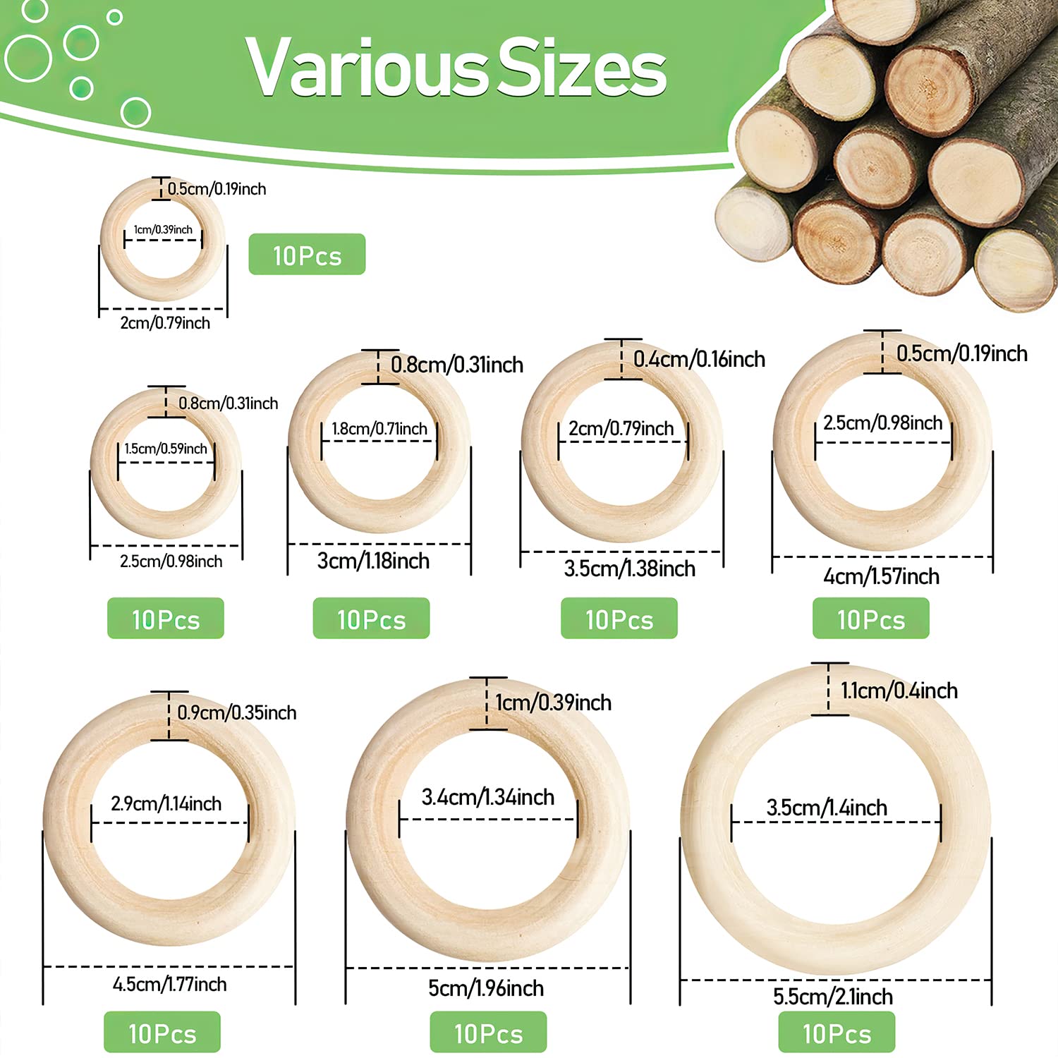 LOT DE 80 anneaux en bois naturel, anneaux en macramé en bois lisse, non traité, EUR 27,99