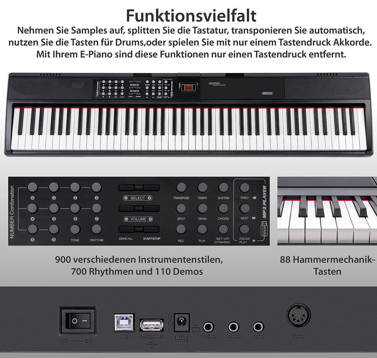 auvisio Klavier: E-Piano mit 88 Hammermechanik-Tasten + Ständer (MIDI Keyboard, MIDI Keyboard 88, Stativ)