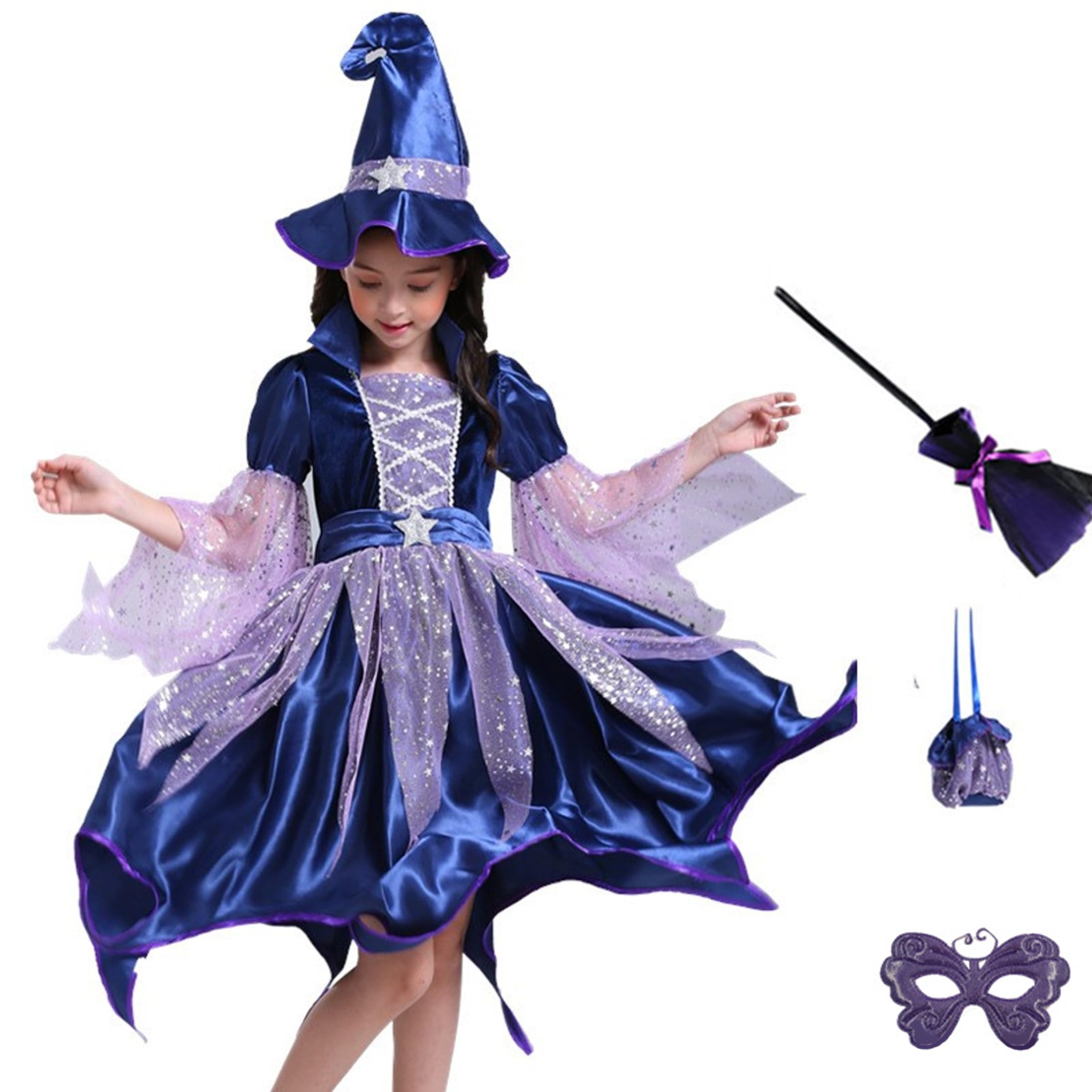 Costume da Strega per Bambini per Ragazza Costumi di Halloween in Velluto Glitterato con Rete, M