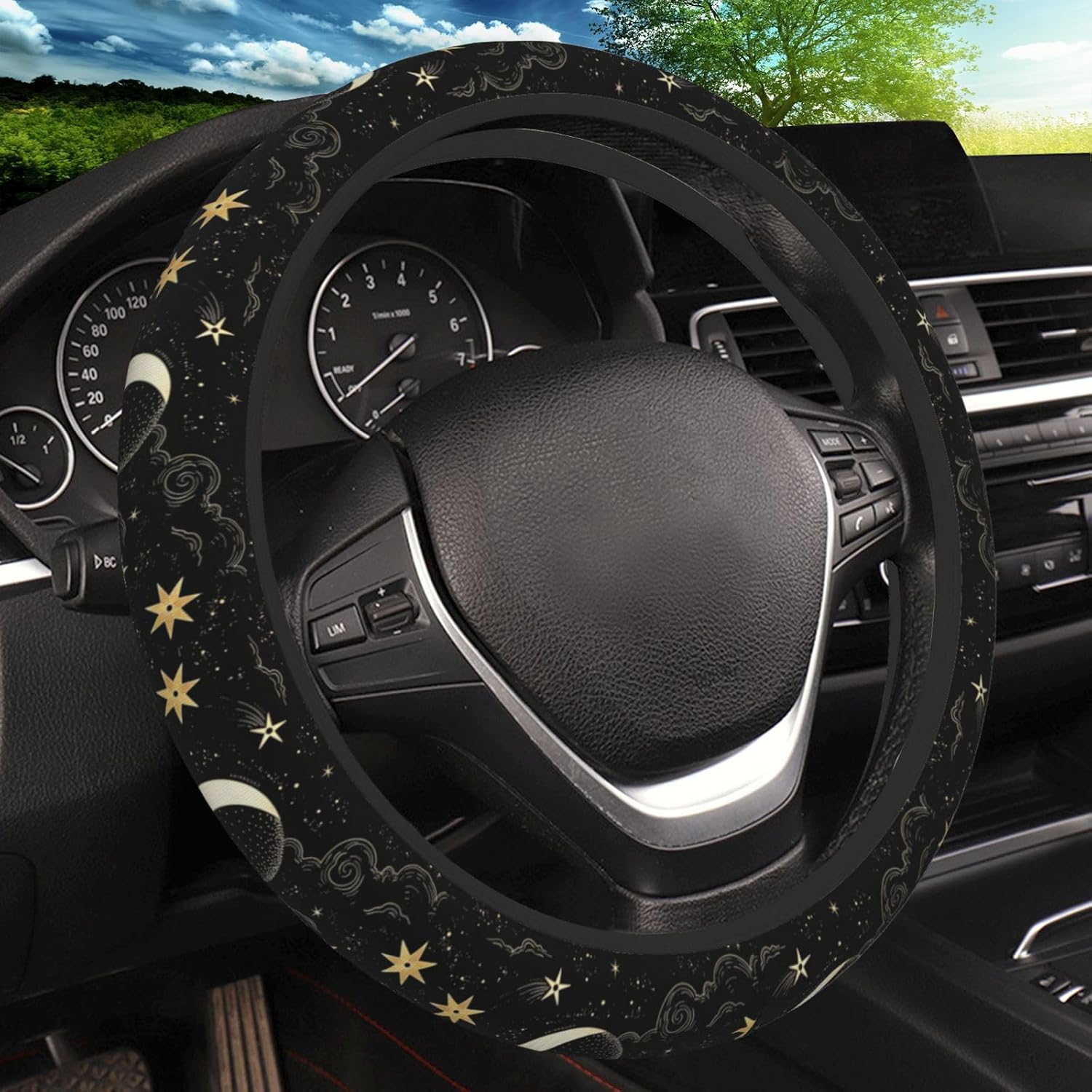 Stars Clouds Moon Steering Wheel Cover, Non-slip Breathable Neoprene Steering Wheel Covers, Women Car Accessories Universal 15 Inch Fit Auto, Suvs, Truck
