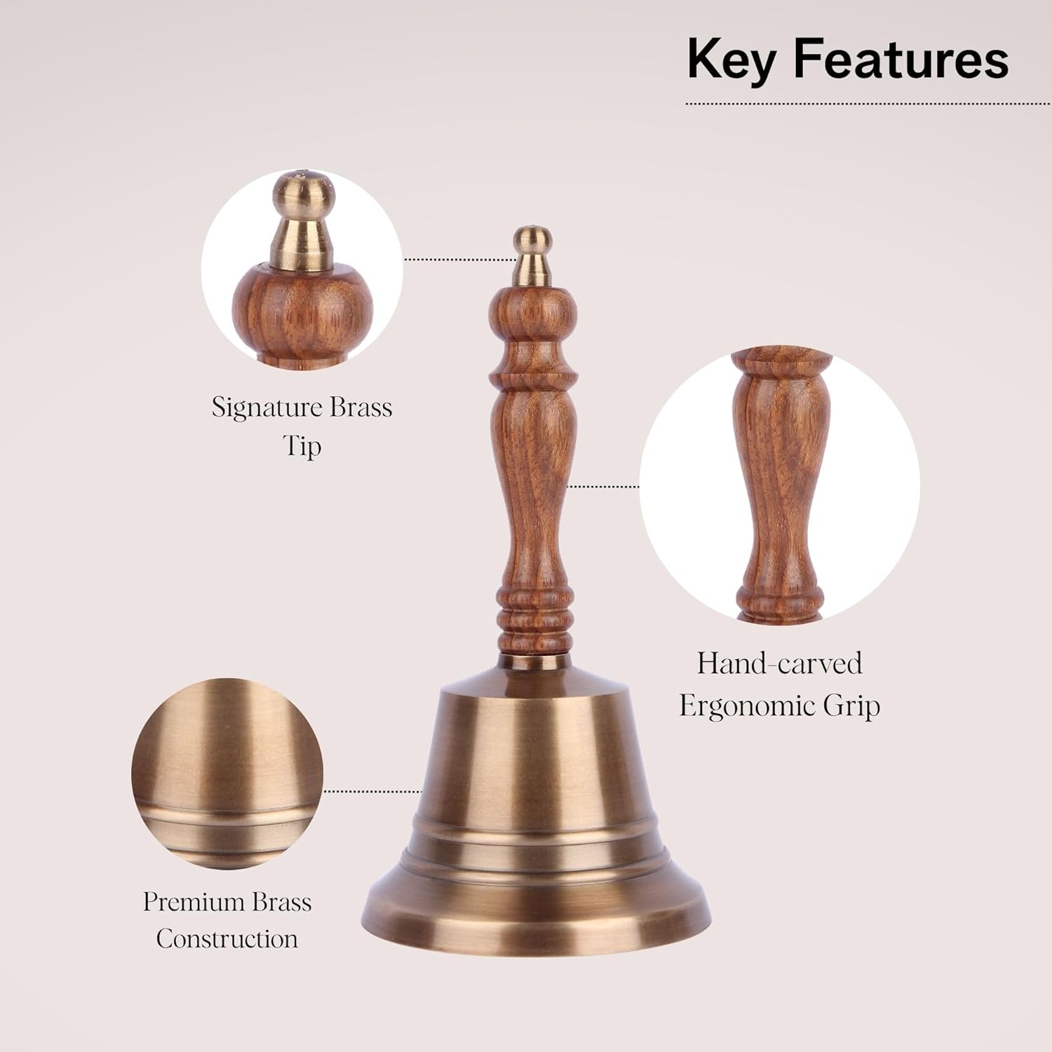 Super Loud Solid Brass Hand Bell Antique Brass Finish Hand Bell with Wooden Handle Call Bell with Clear Ringing Sound Perfect for Wedding, School, Church, Service & Religious Ceremonies, 8"x4"