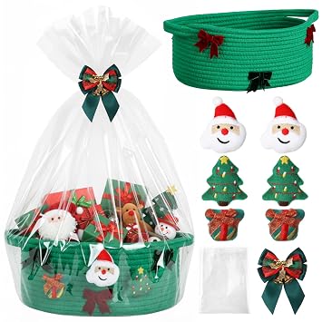 Christmas Baskets for Gifts Empty to Fill 12"x 8"x 5" Small Woven Basket with Gift Bag Bow Christmas Empty Gift Basket with Handle Xmas Holiday Gifts Storage Baskets DecorationsGreen,Cute