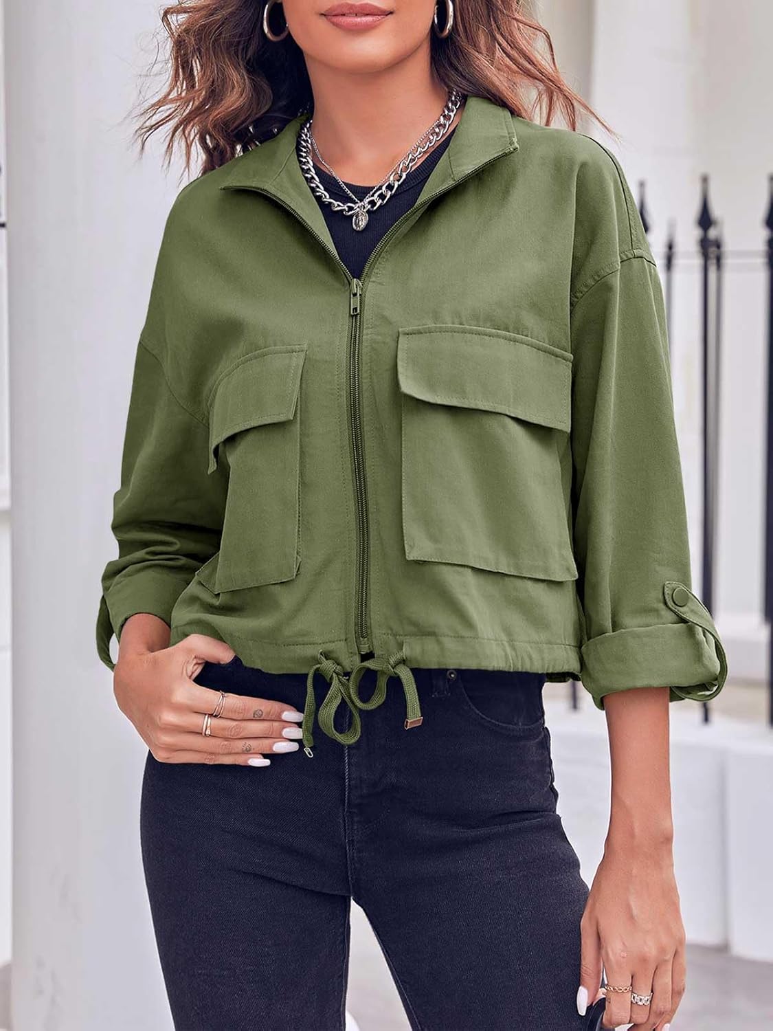 Tankaneo Women Casual Cropped Jackets Zip Up Lightweight Military Safari Short Utility Coat with Pockets - Image 4