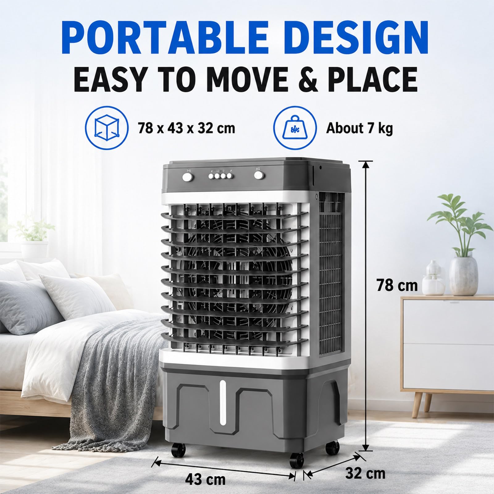 Aire Acondicionado Portátil Enfriador Evaporativo, con Oscilación De 120°, Sin Tubo, 3 Velocidades, Depósito De Agua De 20 L, Velocidad del Aire 6,6 M/S, para Habitación Y Oficina