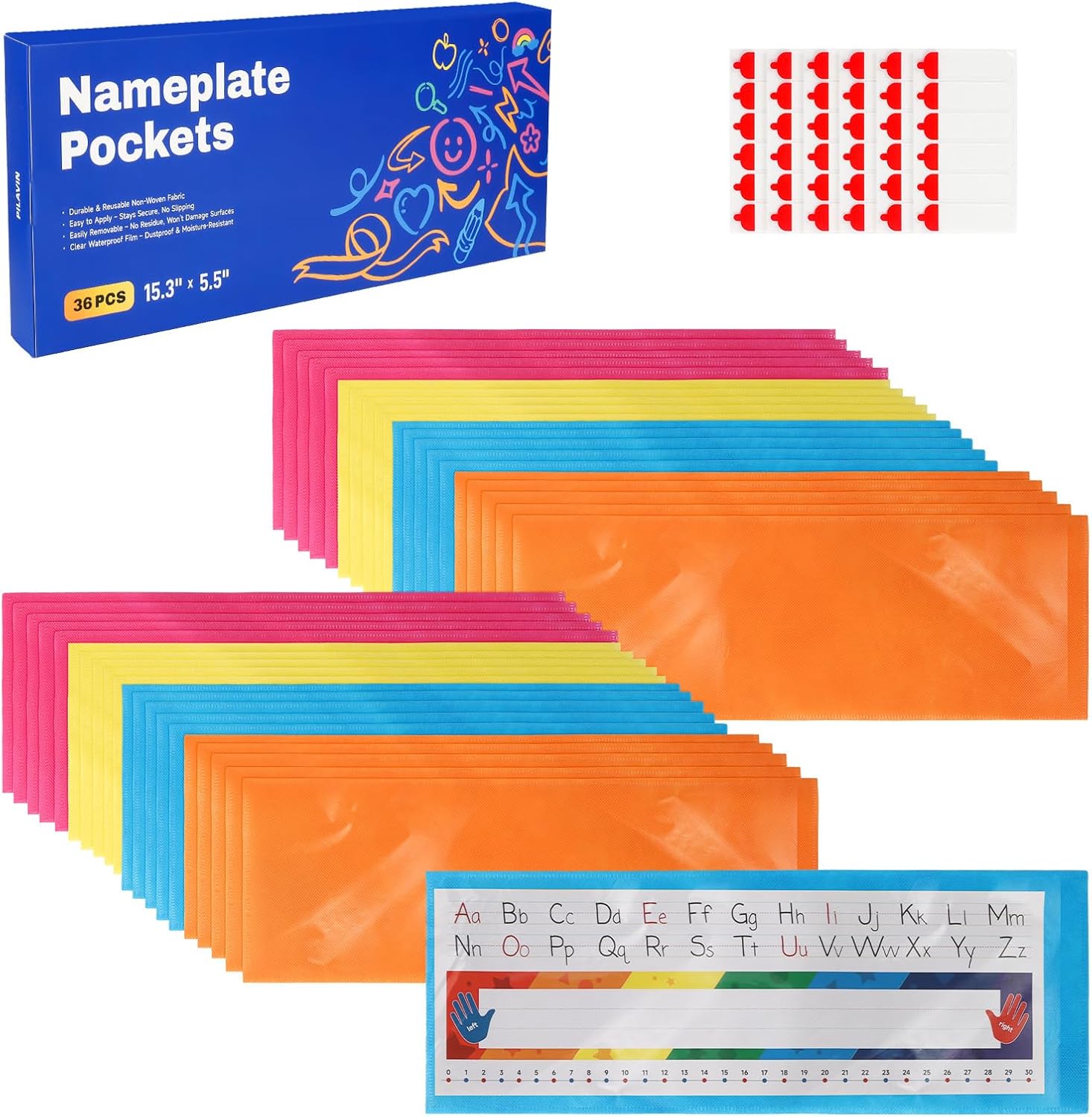 nameplate pocket, name tag pockets for desks, 15.3" x 5.5'' non-woven fabric adhesive clear nametag sleeves covers for student desks, classroom suppliers (36 pcs)