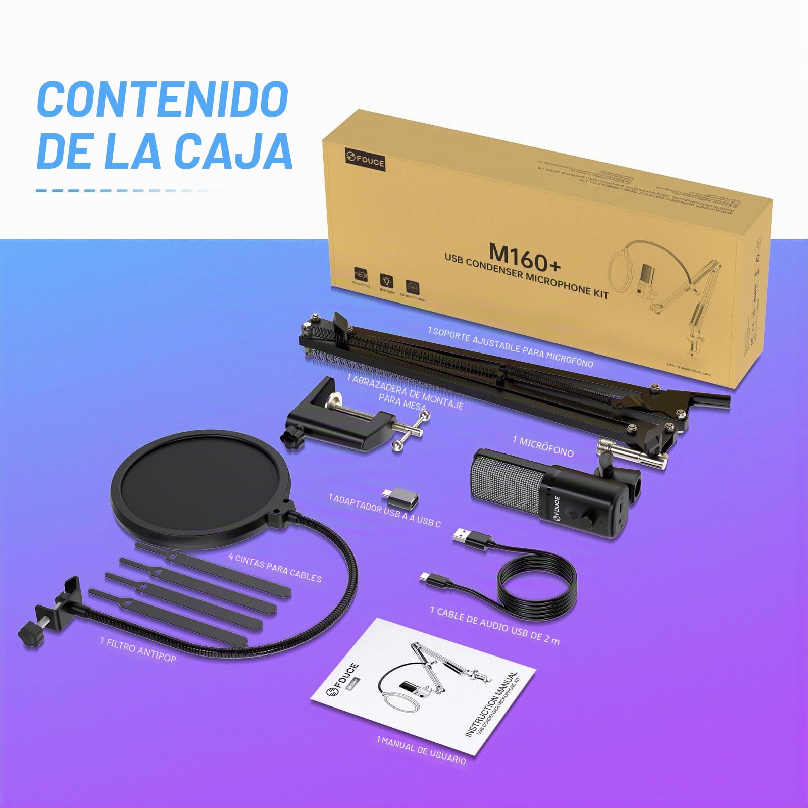 FDUCE Kit de micrófono USB para juegos para PC,micrófono de condensador RGB con conector para monitor,silencio rápido,control de ganancia,filtro pop,brazo de micrófono para streaming,podcasting,juegos
