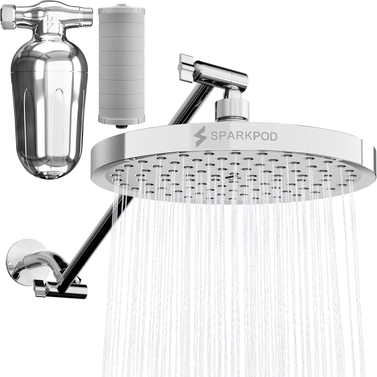 SparkPod Chrome 8" Round Shower Head with 16" Arm and Shower Filter Set by SparkPod (Extra Cartridge)