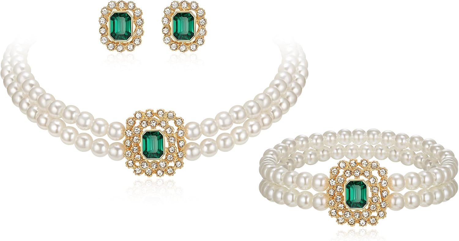 Flyonce 3 Pcs 1920s Pearl Choker Necklace Earrings Bracelet Sets, Vintage Faux Pearls Strands Necklaces Great Gatsby Flapper Party Cosplay Roaring 20s Halloween Costume Jewelry Set for Women