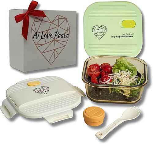 Miniatura 14 de Ai Love Peace Recipiente de sopa con tapas dobles, lonchera de vidrio borosilicato de 26 onzas Tapa a prueba de fugas + tapa de congelador segura