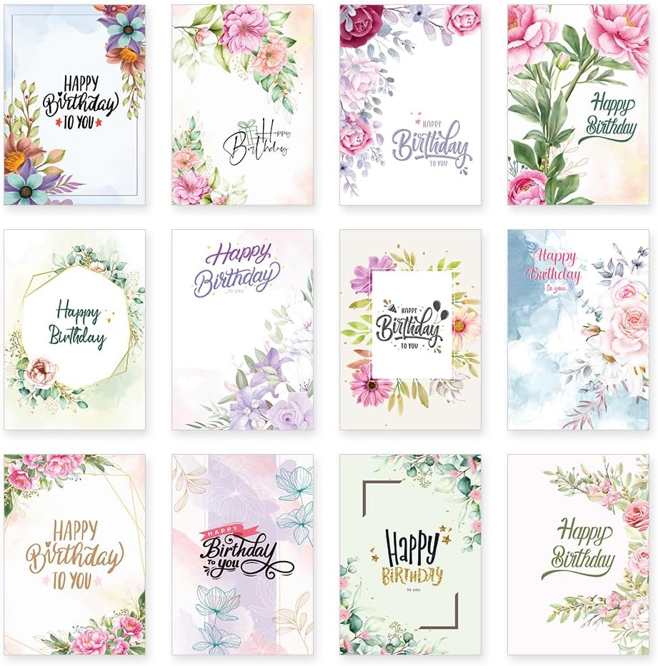Premify Birthday Cards Multipack Of 24, Birthday Card Set Includes 24 Mixed Happy Birthday Card Designs, Blank Inside, Bulk Birthday Cards & Envelopes