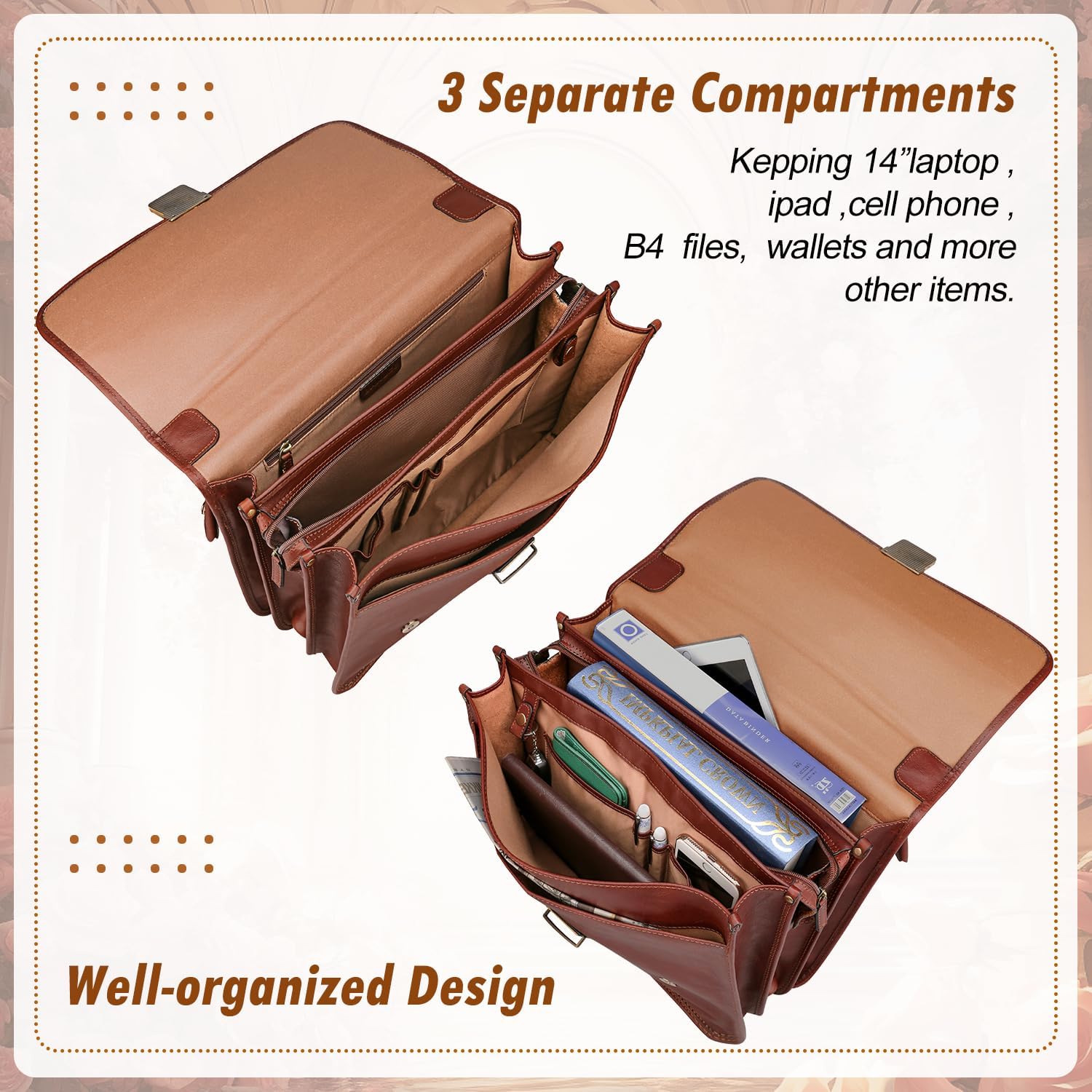 Banuce Vintage Genuine Full Grain Italian Leather Briefcase for Men with Lock 14 Inch Laptop Attache Case with Luggage Strap Brown - Image 7