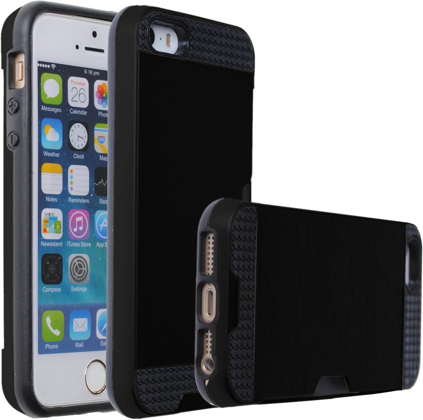 Case Art Plus [Full Degree Protection] Transparent Tempered Glass Screen Protector Film + [Card Slot Bumper] Super Slim Fit Light Case for iPhone 5/5S (Black)