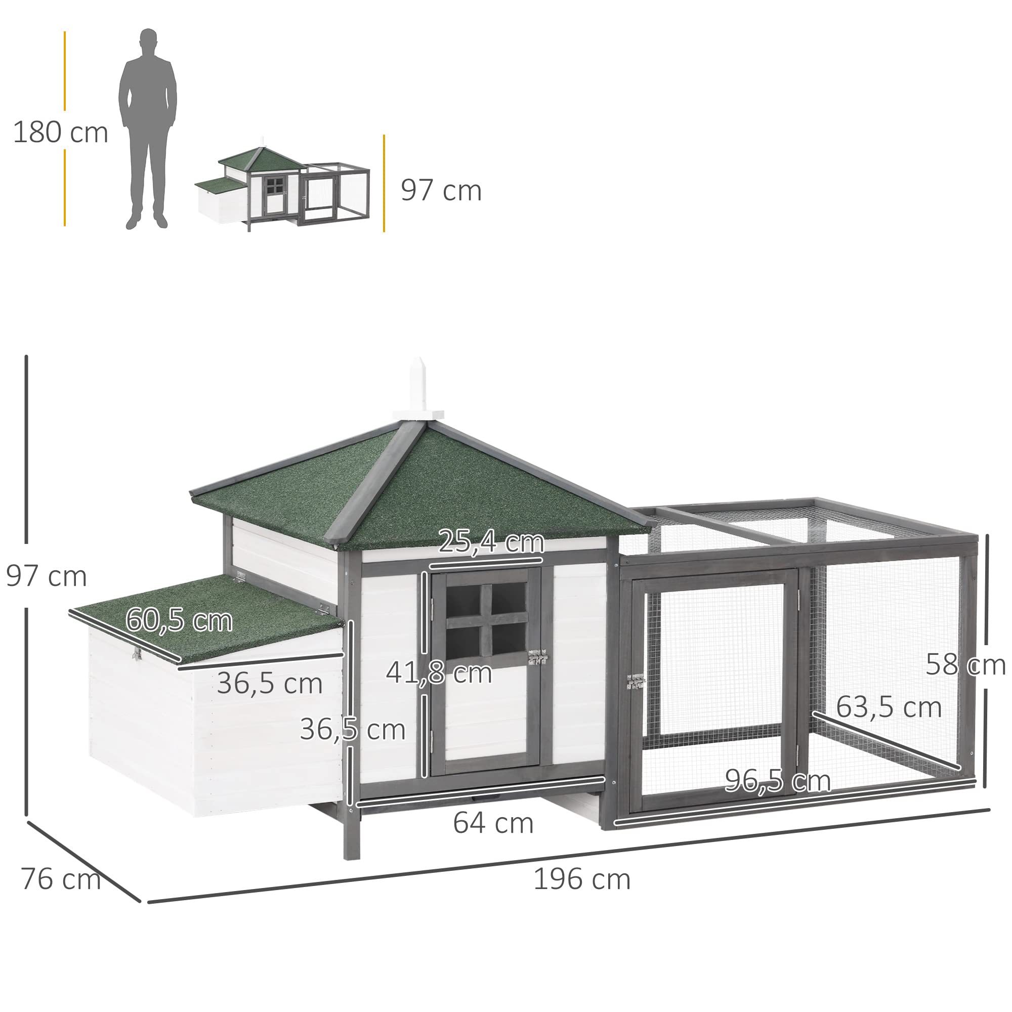 PawHut Poulailler Cottage Multi-équipement perchoir Rampe pondoir enclos tiroir à déjection 196L x 76l x 97H cm Bois Massif pin Gris Blanc