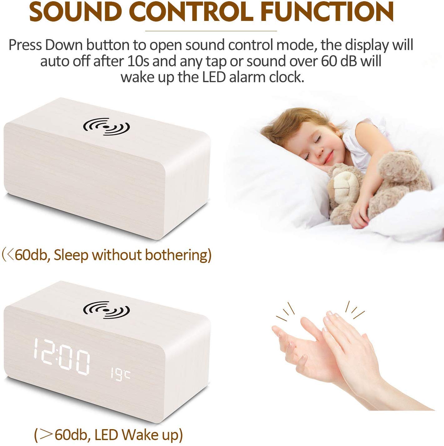 Reloj despertador digital inalámbrico de madera con luz LED para mesa, escritorio o mesita de noche, modo de sueño, fecha, Celsius/Fahrenheit, 12/24 horas, 3 alarmas, control de sonido, brillo