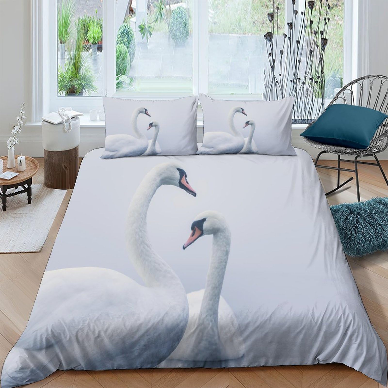 Parure de lit cygne blanc 3D king size de qualité supérieure avec taies d'oreiller
