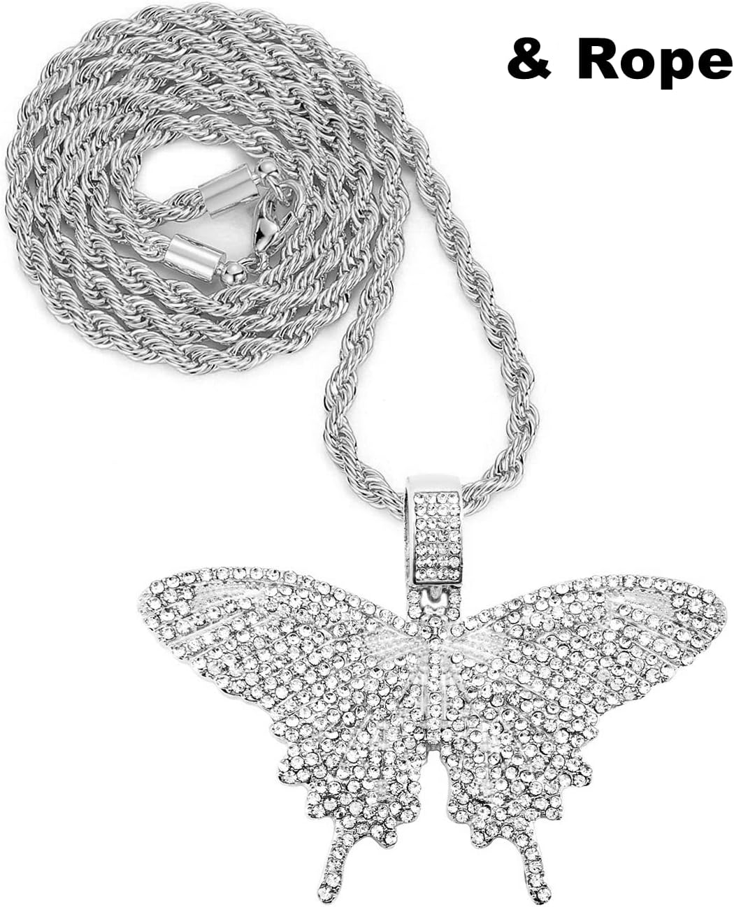 HH BLING EMPIRE Iced Out Silver/Gold Diamond Butterfly Necklace for Men Women, Hip Hop Big Butterfly Pendant with Rope/Tennis/Cuban Link Chains 22 Inch (Silver butterfly A & Cuban Link Chain)