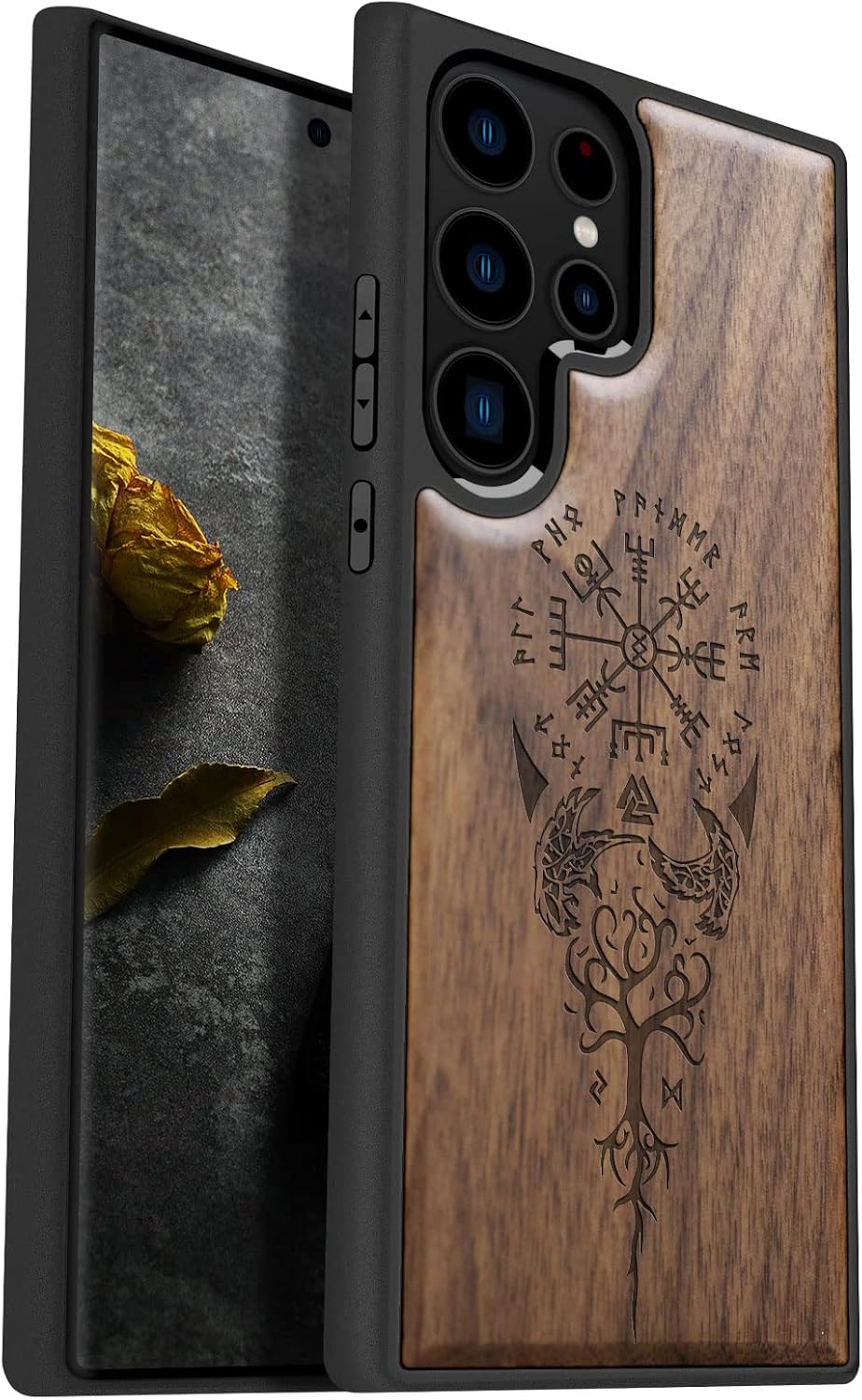 Carveit Wood Case for Galaxy S23 Ultra Case [Natural Wood & Black Soft TPU] Shockproof Protective Cover Unique & Classy Wooden Design Compatible with Samsung S23 Ultra (Viking Compass-Walnut)