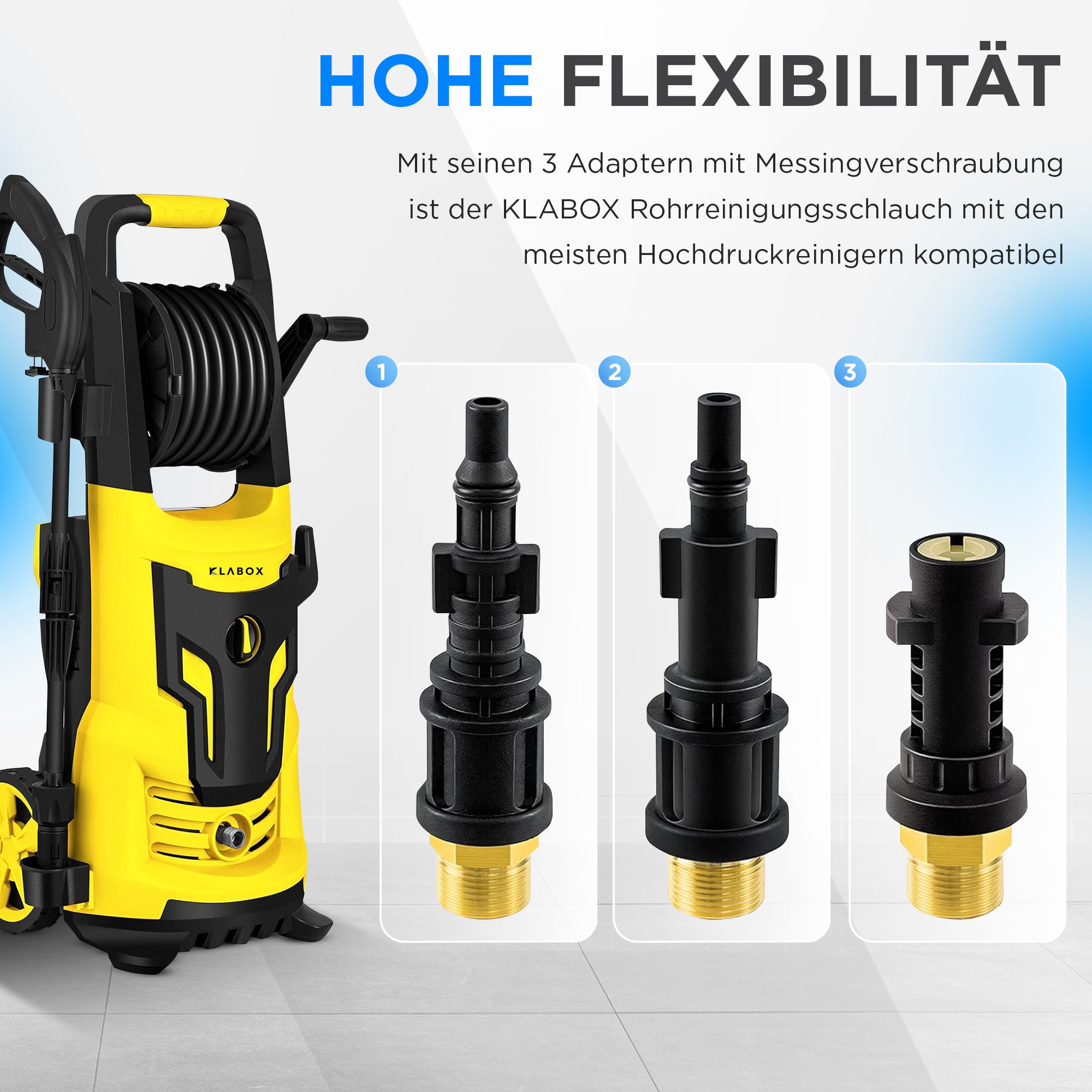 Rohrreinigungsschlauch 15m | Kärcher Rohrreinigungsschlauch für Karcher K2-K7, Lavor, Bosch, Parkside und weitere Marken | Inklusive 3 Adapter, 2 Düsen, 1 Tasche und 1 Teflonband