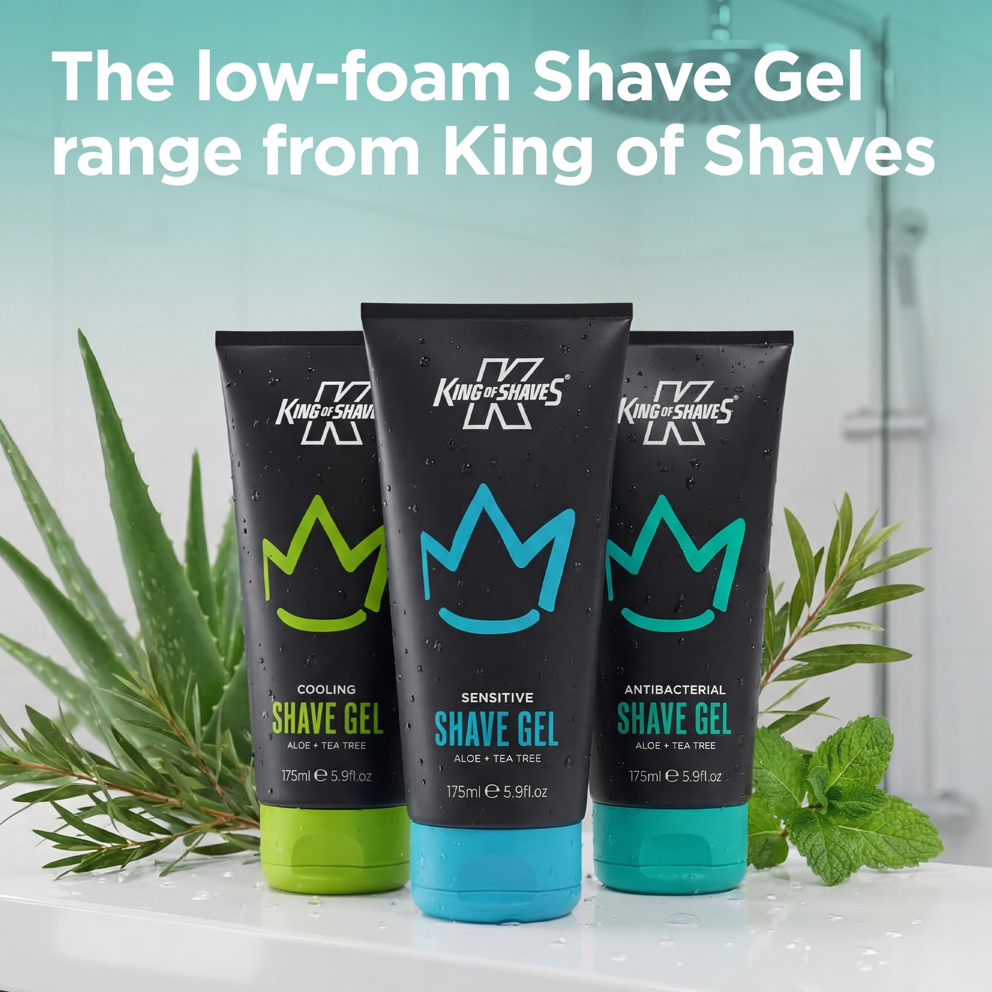 King of Shaves Gel de Afeitar Antibacteriano para Hombre Pack Cuádruple 4 x 175ml, Gel Bajo en Espuma para Piel Sensible, Aloe Vera y Árbol de Té, Vegan, 96% Natural