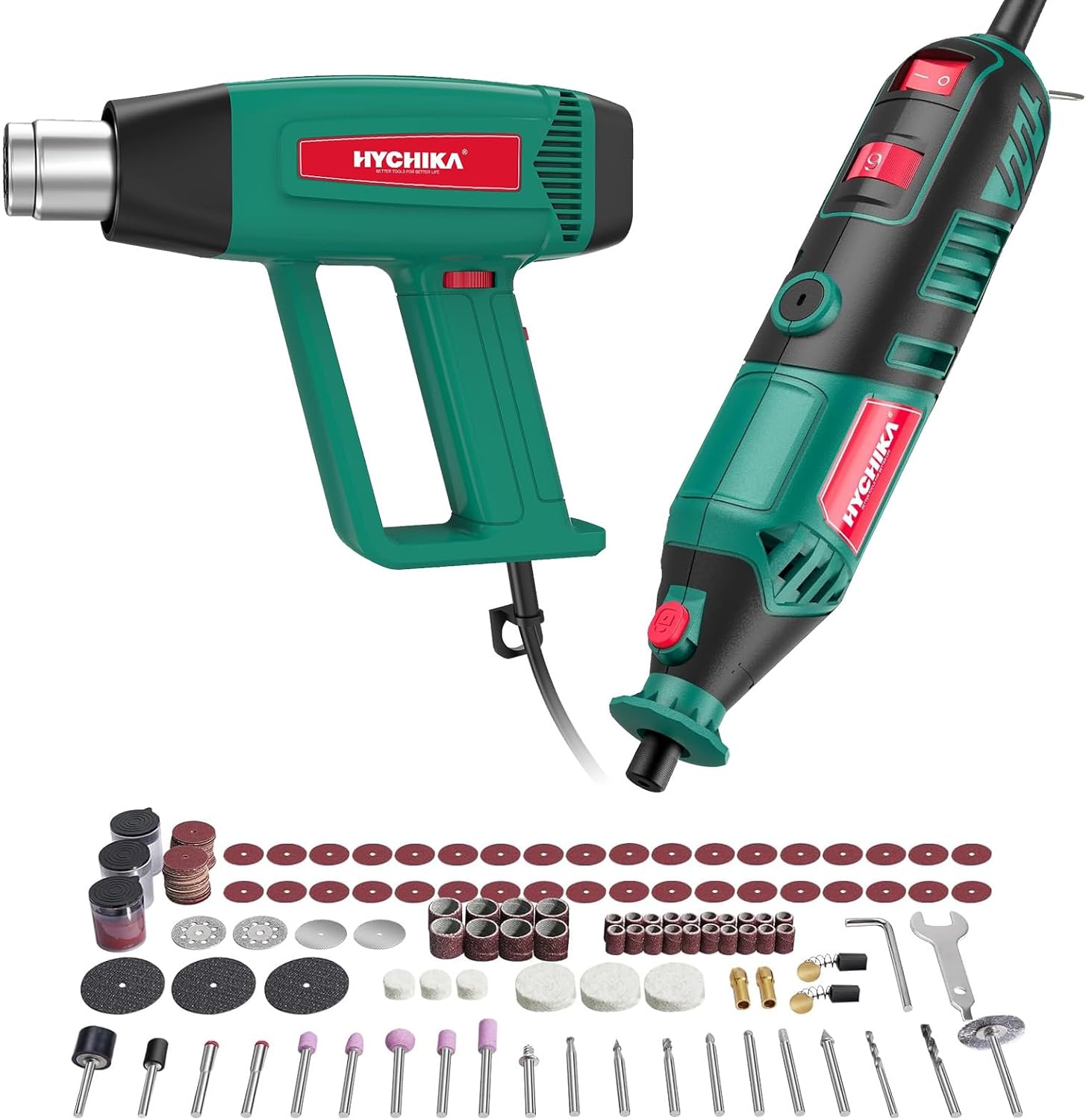 HYCHIKA 180W Variable Speed Rotary Tool 173pcs Accessories Kit,Heat Gun with 6 Nozzles,2-Tool Power Tool Set Combo Kit