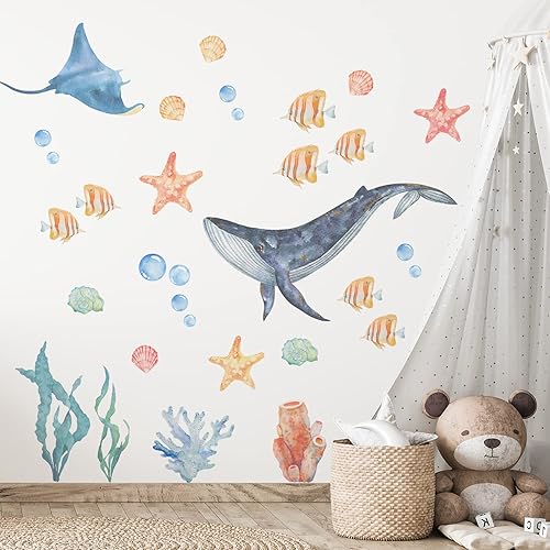 Miniatura 8 de funlife Calcomanías de pared de acuarela para despegar y pegar, calcomanías de pared de animales marinos, calcomanías de pared bajo el mar