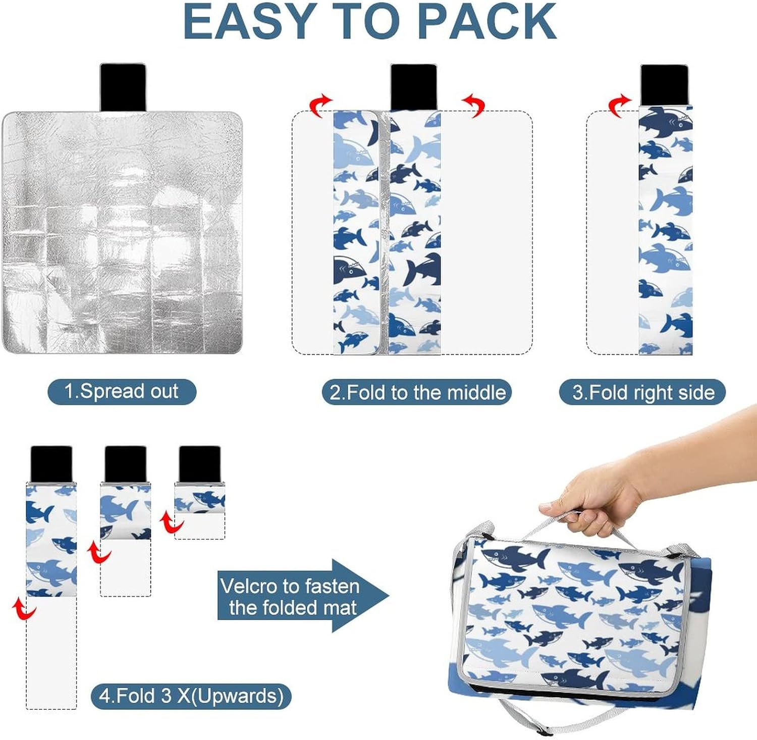 Cute Shark Navy Beach Picnic Blanket Underwater Wildlife Shark Pattern for Outdoor Picnics, Beach, Camping 58.3x58.3 Inch