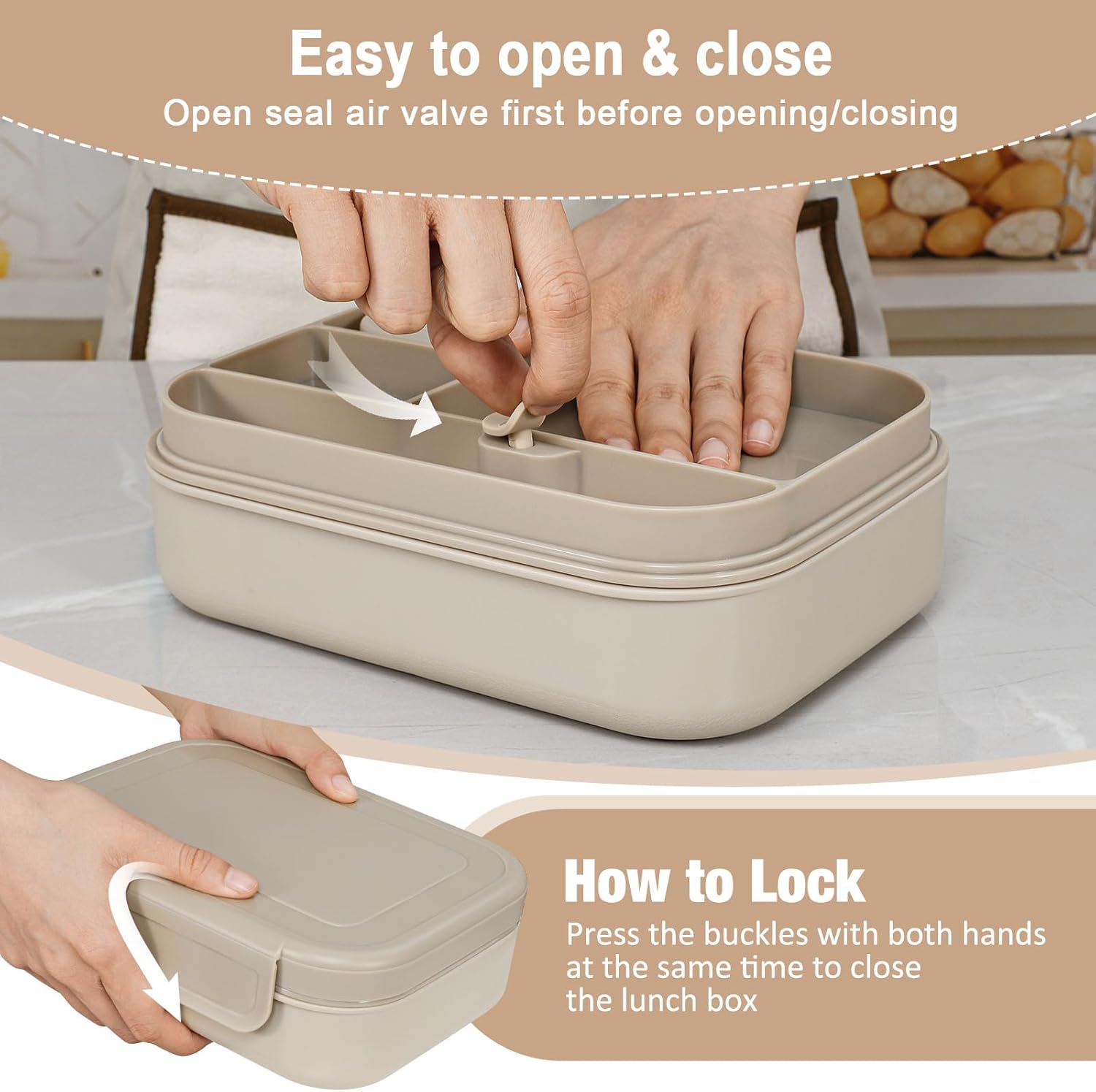 Caperci Stackable Bento Lunch Box for Adult & Teens - Reinforced Leak-Proof Lunch Container 4-Compartment with Utensils & Sauce Container, BPA-Free, Dishwasher/Microwave Safe, 47oz (Pale Mocha) - Image 3