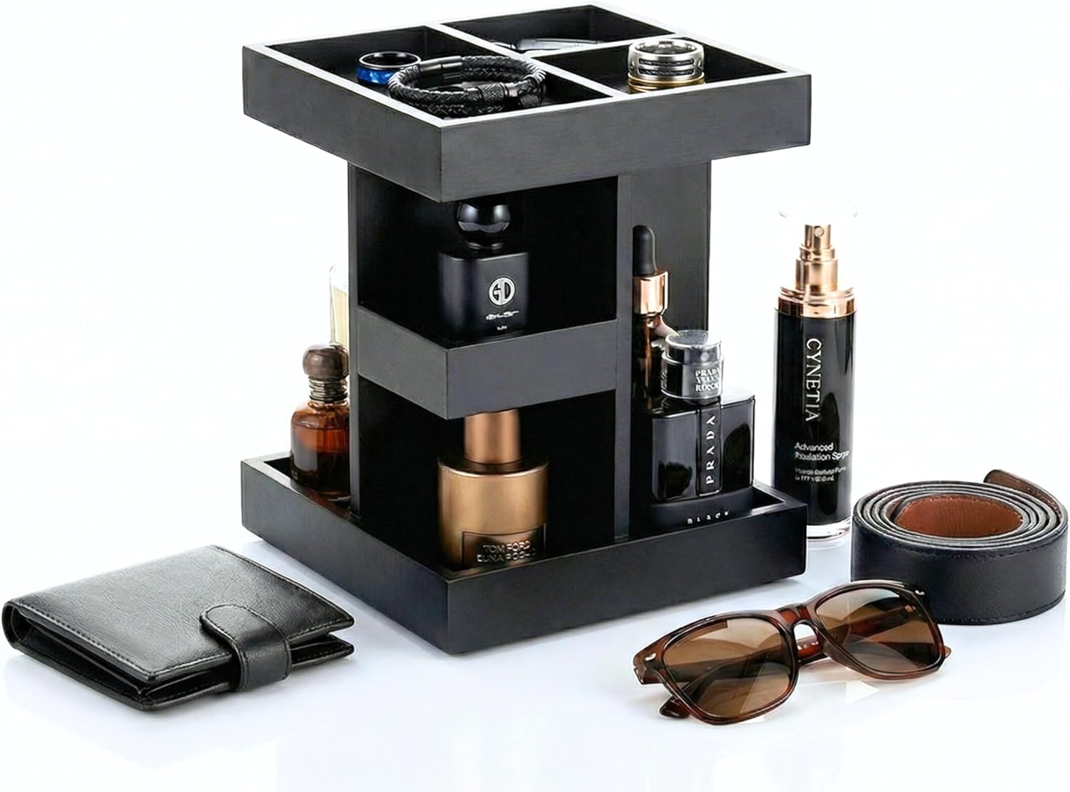 Cologne Organizer for Men, 3 Tier Black Wood Perfume Display Stand with 360° Rotate Base, Mens Cologne and Jewelry Organizer Shelf for Bathroom Countertop Storage & Nightstand, Gift for Men