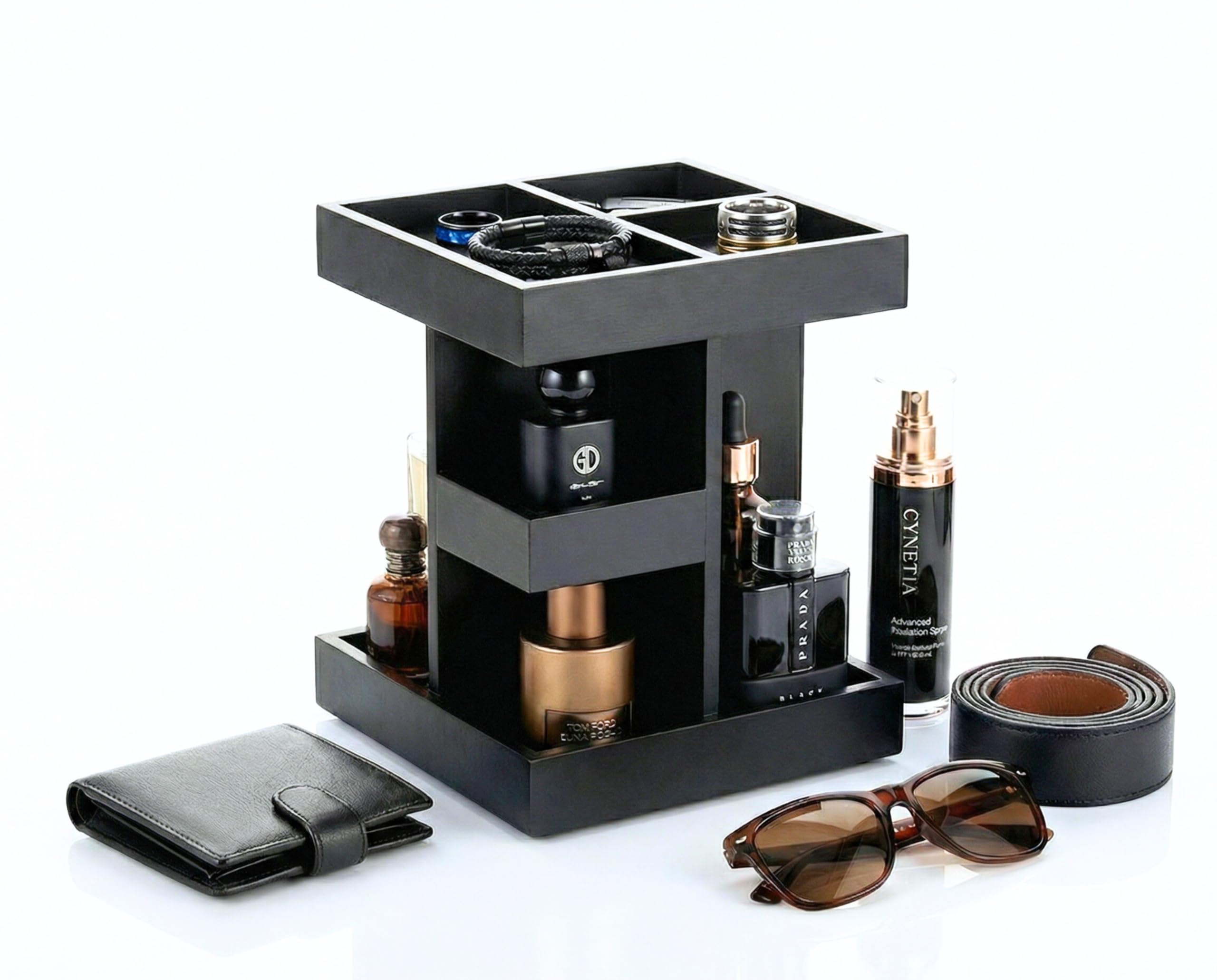 Aurenzo Cologne Organizer for Men, 3 Tier Black Wood Perfume Display Stand with 360° Rotate Base, Mens Cologne and Jewelry Organizer Shelf for