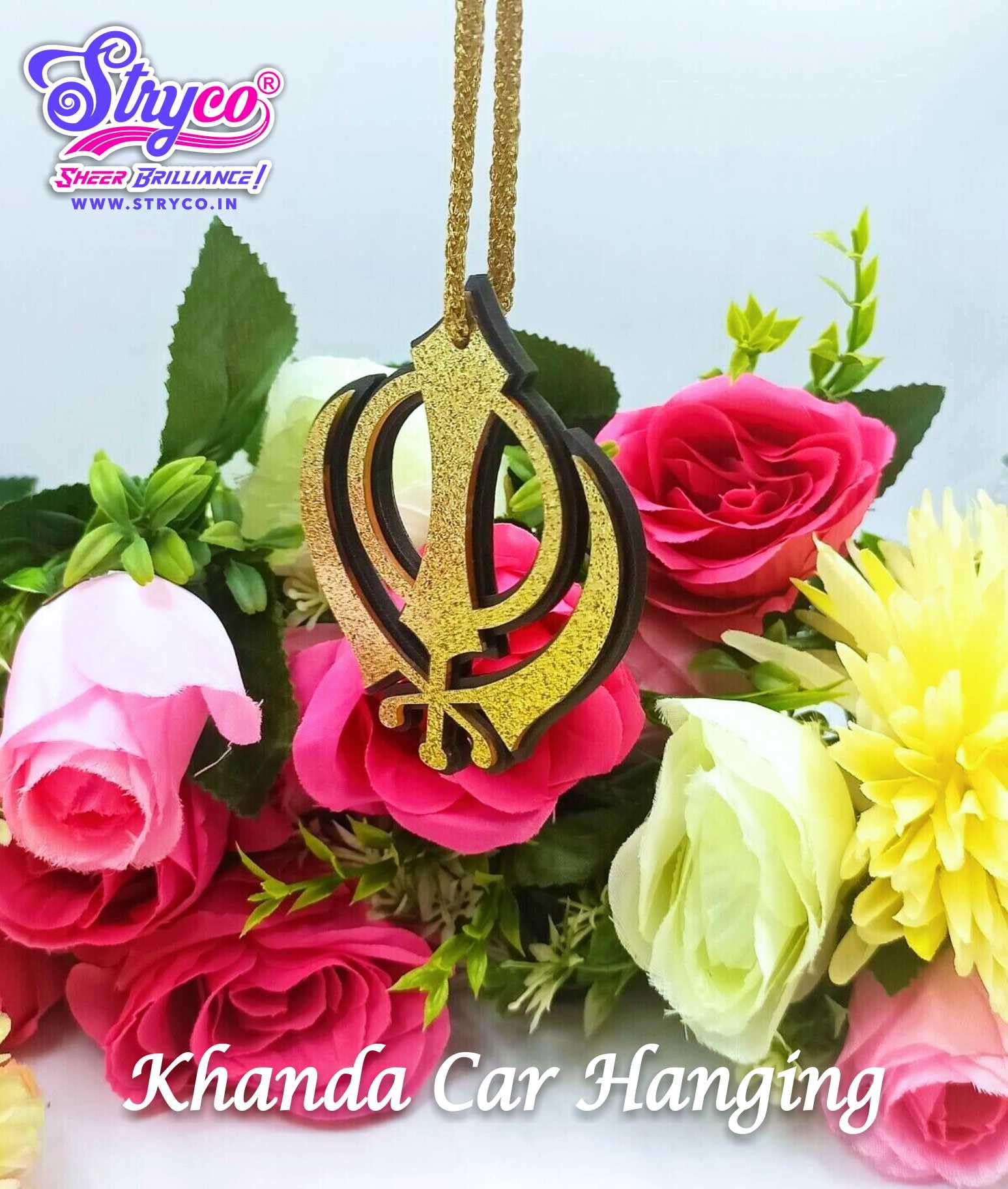 Golden HI Sparkle Khanda Sikh CAR Rear View Mirror Hanging | Dual Sided CAR Decor Accessory | Spiritual Gift Item | Wooden Punjabi CAR Hanging Ornament | 3x3Inches