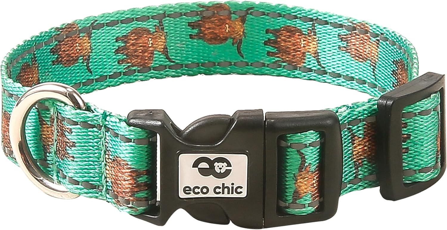 Eco Chic Recycled Reflective Dog Collar Soft Adjustable Pet Collar with Quick Release Buckle (Highland Cow Teal Large)