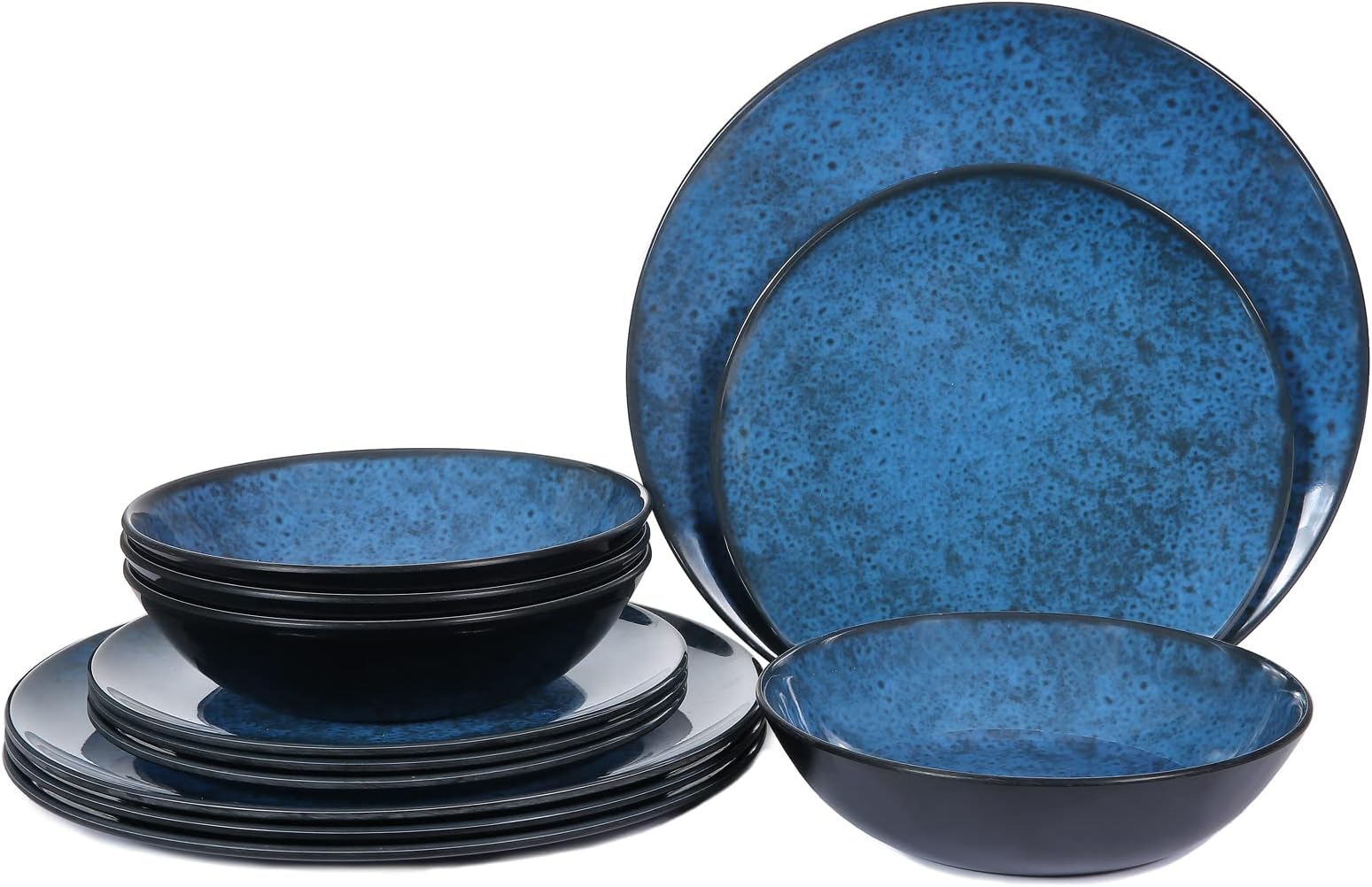 GofunfunMelamine Dinnerware Sets for 4, Dinner Plates Bowls Set , Unbreakable Melamine Classic Blue Dinnerware, Dishwasher Safe Tableware Sets for Everyday Use, 12 Pcs