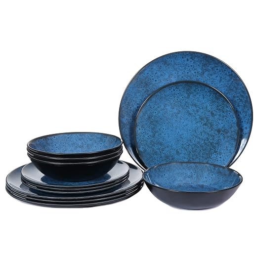 Melamine Dinnerware Sets for 4, Dinner Plates Bowls Set, Unbreakable Melamine Classic Blue Dinnerware, Dishwasher Safe Tableware Sets for Everyday Use, 12 Pcs