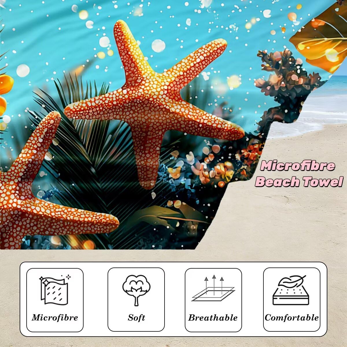 Toalla Playa 100x220 cm, Toalla Gimnasio Microfibra Secado Rapido, Juego de 2 Antiarena Toallas de Playa, Ligera Compacta Toallas Microfibra Grande, Regalo Hombre Regalo Mujer (Estrella de mar) -4973