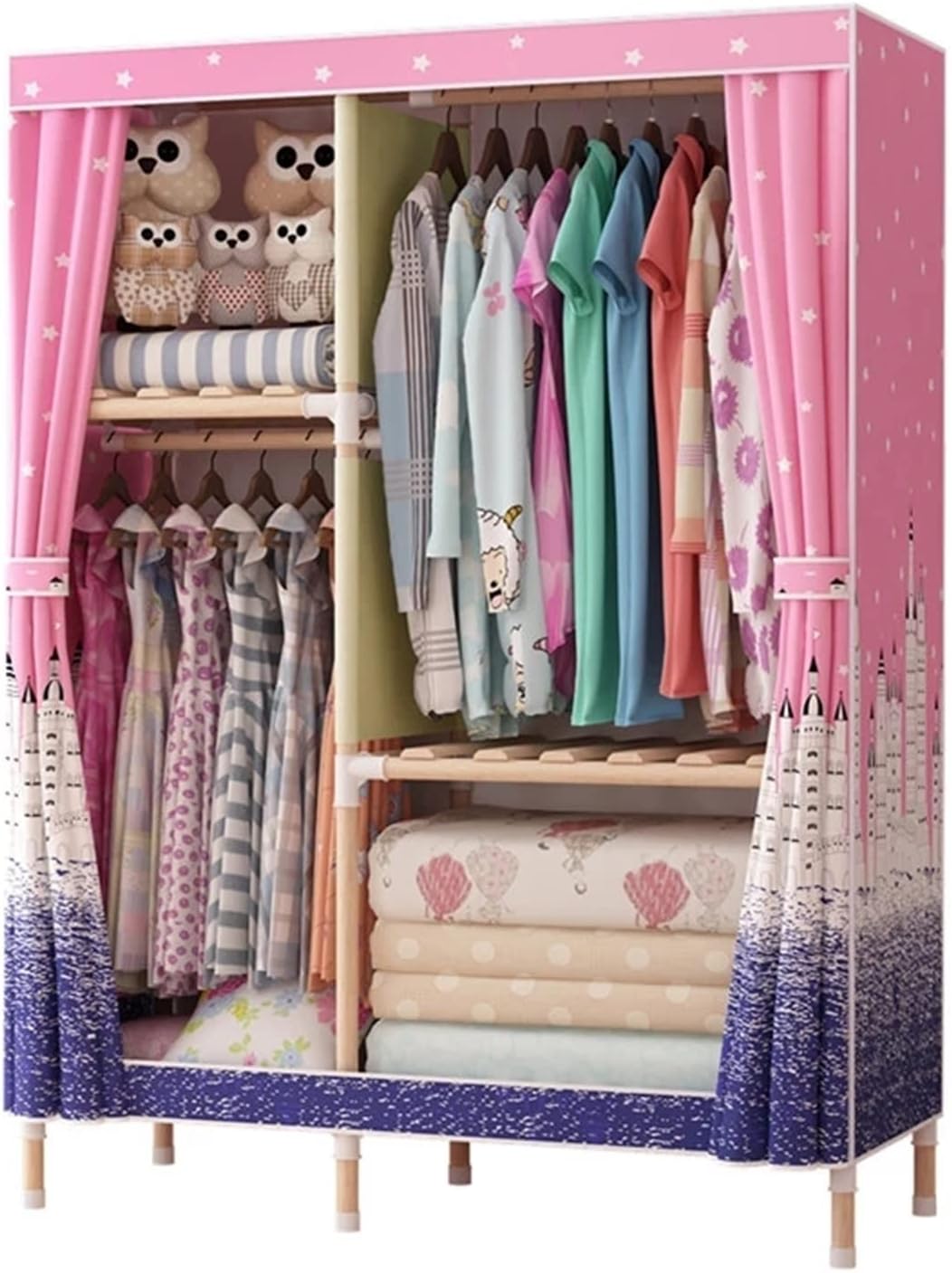 Combined Closet 105cm Clothes Closet Portable Bedroom Armoire DIY Storage Organizer Assembled Fabric Wardrobe Combination Closet(Blue Castle)
